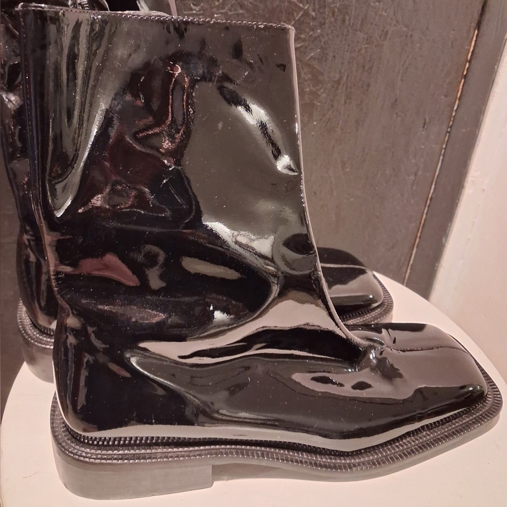 Black Patent Square-Toe Ankle Boots